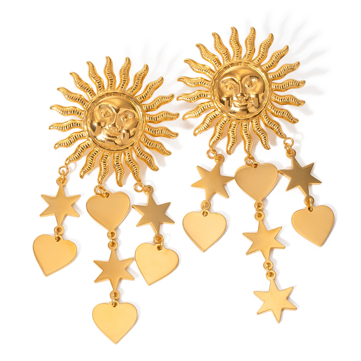 1 par de aretes de botón de acero inoxidable chapados en oro de 18 quilates con forma de sol de estilo vintage de lujo para mujer h5 